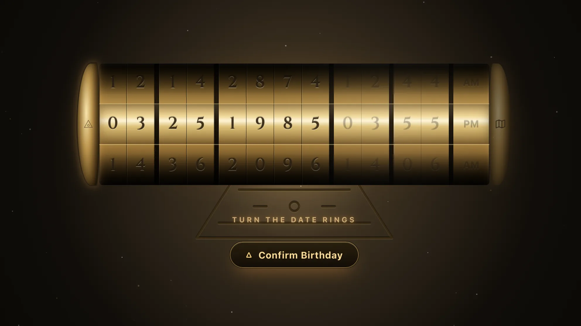 The Soul Codex cryptex: gold date rings mid-turn in the void